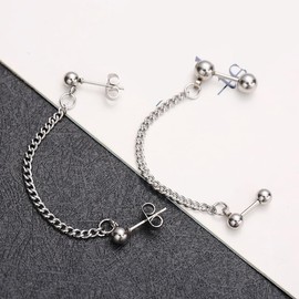 Double Piercing Ball Cartilage Stud Chain Threader Dangle Drop Earrings for Women Men Stainless Steel Helix Screw Back Two Holes Cuff Wrap Climber Crawler Tassel Minimalist Hypoallergenic (Silver, One size)