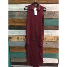 Millau Burgundy Long Tank Top Dress Tunic Button Up Women Size S NEW $168 *