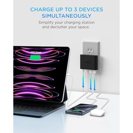 Cargador de Pared USB multipuerto iHome 32 W AC Pro: estación de Carga para Varios Dispositivos con 3 Puertos USB (1 USB-C, 2 USB-A): Carga rápida, co