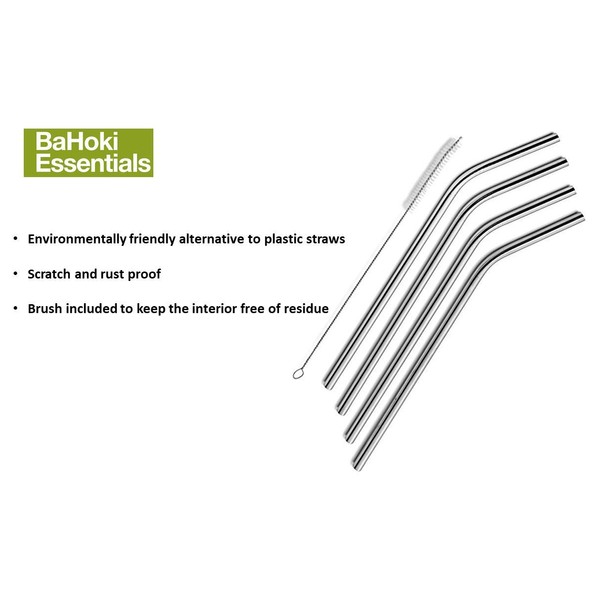 BaHoki Essentials Set of 4 Metal Drinking Straws with Cleaning Brush - Eco Friendly & Reusable (Stainless Steel 8")