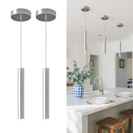 2 Pack Chrome Cylinder Pendant Lights for Kitchen Island, Modern 3W LED