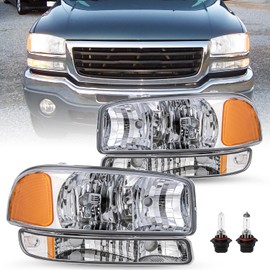SOCKIR 4PCS Headlight Assembly Fit For 99-06 GMC Sierra 1500 2500 3500/00-06 GMC Yukon Headlight Assembly + Park/Signal Headlamp LH+RH with Bulbs (Chrome Housing with Clear Reflector)