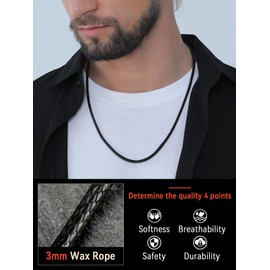 FaithHeart Leather Chain for Men Black Necklace Cord Braided Woven Jewelry 3MM Wax Rope Neck Chain 24" inch Long Choker Necklaces for Ladies Mom