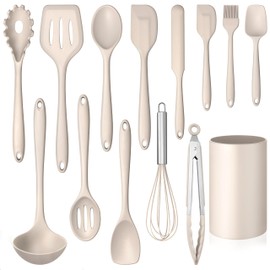LIANYU 14 Pcs Kitchen Utensils Set with Holder, Silicone Cooking Utensils Spatula Set, Heat Resistant Cookware Tools Includes Spoon Turner Whisk Tong, Dishwasher safe, Khaki