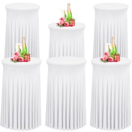 Babenest 24"x 43" Round Cocktail Table Skirt, 6 Pack Spandex Stretch Round Tablecloths with Natural Wavy Drapes, Fitted High Top Bar Cocktail Table Covers for Wedding Party Birthday Banquet (White)