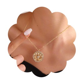 Allereyae Punk Evil Eye Coin Pendent Necklace Gold Disc Choker Cz Evil Eye Necklace Crystal Coin Chain Medallion Choker Jewelry for Women