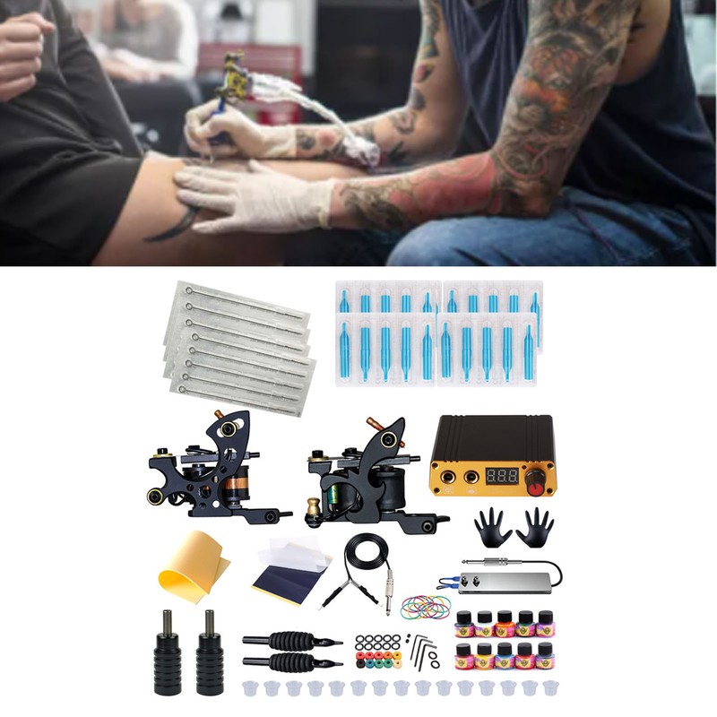 Tattoo Coil Liner Shader Machine 10 Color Inks Power Supplies