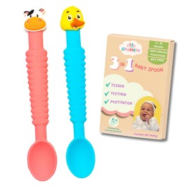 Little Grubbers 3-in-1 Silicone Baby Spoon Self Feeding 6+ Months - Pediatric OT Designed Teether Spoon, BPA Free Toddler Utensils, Mess-Free, Fun for Baby Led Weaning Supplies, Cow & Duck