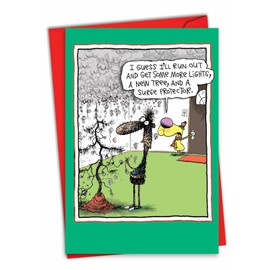 NobleWorks - Cartoon Christmas Note Card with Envelope (4.63 x 6.75 Inch) - Funny Joke Comic, Stationery for Xmas Holiday - Surge Protector 5820