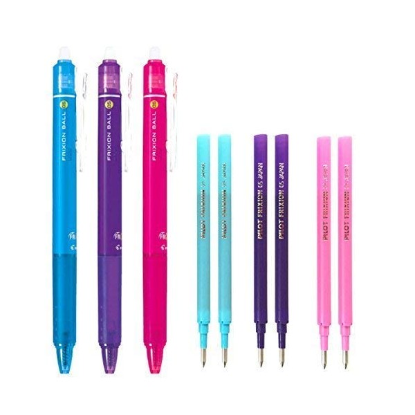 Pilot FriXion Ball Knock Retractable Erasable Gel Ink Pens, Extra Fine Point 0.5mm, Pink/Violet/Light Blue Ink, 3 Pens & 6 Refills Value Set