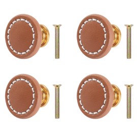 HO2NLE Pack of 4 Cabinet Knobs Leather Furniture Knobs Round Brown Cabinet Door Handles Knob for Cabinet for Furniture Knob Chest of Drawers Wooden Cabinet Kitchen Bedroom