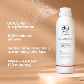 EltaMD UV AOX Mist - Protector solar mineral SPF 40, protector solar facial y corporal de amplio espectro con óxido de zinc, 100% mineral activo, refu