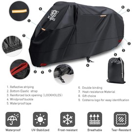 XYZCTEM Motorcycle Cover -Waterproof Outdoor Storage Bag,Made of Oxford Material Fits up to 96 inch, Compatible with Harley Davison and All Motors(Black& Lockholes& Professional Windproof Strap)