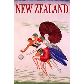 WONDERFULITEMS New Zealand Summer Beach Happy Women Playing Ball Sun Umbrella Travel 12" x 16" Image Size Vintage Poster repro Canvas Rolled up. We Have Other Sizes