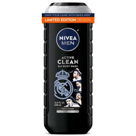 NIVEA MEN Active Clean Body Wash with Natural Charcoal for Normal to Oily Skin, 3-in-1 Charcoal Body Wash, Face and Hair, Draws Out Dirt and Impurities, 16.9 Fl Oz Bottle