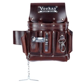 VEEKAY 10-Pocket Full Grain Leather Electrician Tool Pouch, Bag Apron Tool Organizer Utility Pouches Durable Brown Leather Pouch for Constructions Carpenter