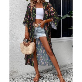MayBuy Beach Cover Ups for Women Kimonos Boho Swimsuit Chiffon Coverups Long Flowy Swimwear Cardigan Summer Open Front Cover Up Black-Flower XL