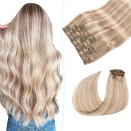 VINBAO Clip in Hair Extensions Human Hair Blonde Straight Dark Blonde with Platinum Blonde Extensions Human Hair 40cm 6pcs/100g #18P613 (#18P613-16 Inch)