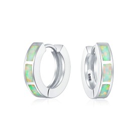 White Created Opal Inlay Iridescent Huggie Hoop Earrings For Women .925 Sterling Silver October Birthstone