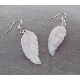 Long Mother of Pearl Carved Shell Leaf or Feather Dangle Earrings for Women with Sterling Silver Earwires