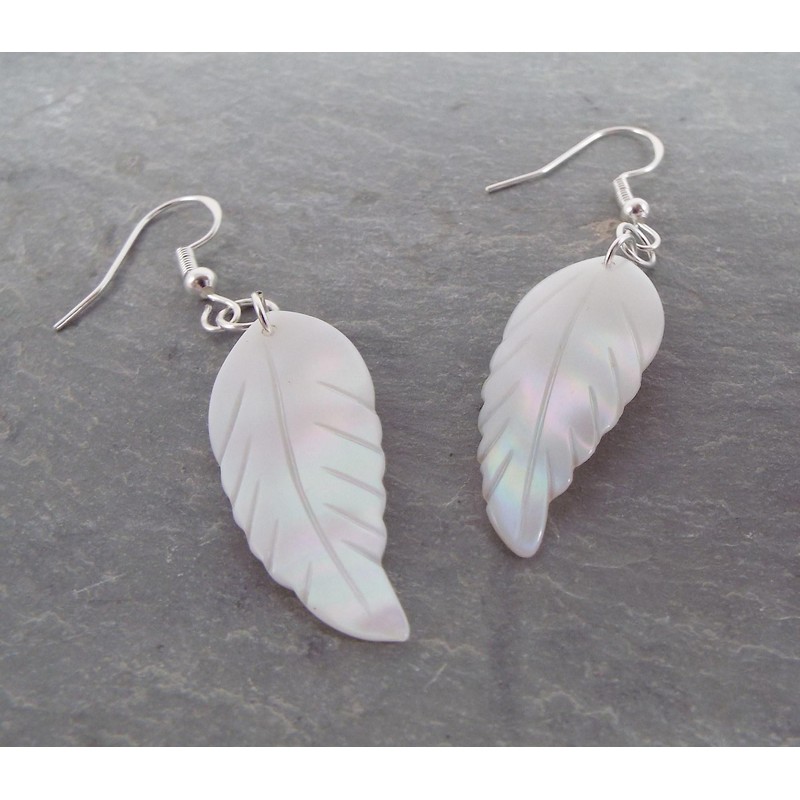 Long Mother of Pearl Carved Shell Leaf or Feather Dangle