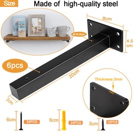 AYSUM 6 Pack Shelf Brackets Black 8 Inch Right Angle Corner Brackets for Shelf Support Shelving Brackets Heavy Duty Angle Brackets for Floating Shelves, Black
