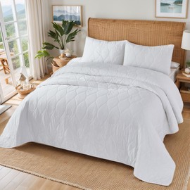 Brandream White Quilts King Size 100% Cotton Quilt Bedding Set Coastal Seashell Starfish Matelasse Coverlet Set Beach Themed Embroidered Quilt Set 3-Piece