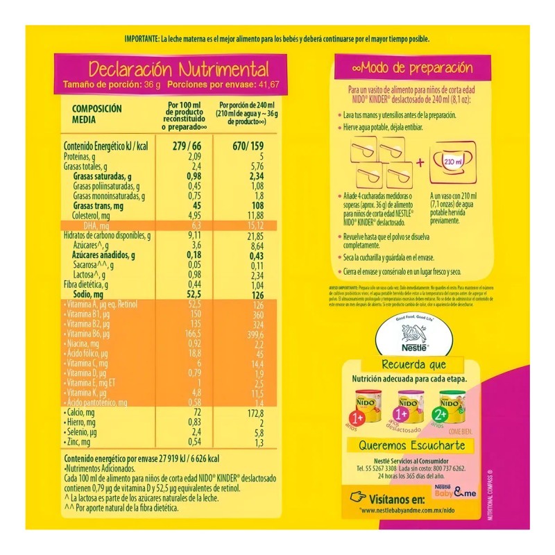 Leche Nido Kinder 1+ Deslactosada, 360gr Bebe Niño Y Niña