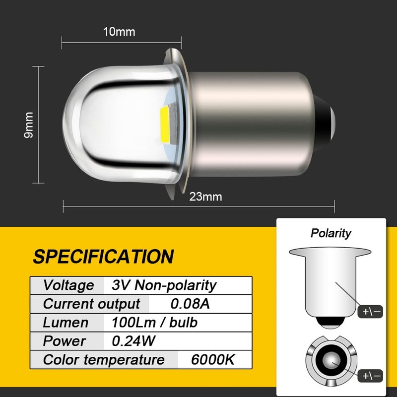 Ruiandsion LED Flashlight Bulb 3V P13.5S Base Socket White LED