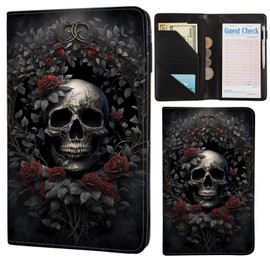 ANNAMISSI Server Books for Waitress,Cute Pocket Leather Money Organizer Wallet Note Pad Cash Bill Restaurant Guest Check Book Holder Pocket Presenter Fit Server Apron Waitress Book (Rose skull)