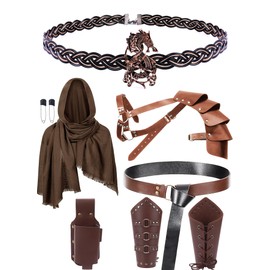 CoTeeZa Viking Renaissance Costume Set - 6 Pcs Vintage Classic Black Shoulder Armor Set Celtic Moon Silver Dragon Circlet Elf Crown Leather Belt Headband Cosplay Medieval Costume Men Set