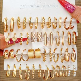 24 Pairs Gold Hoop Earrings Set For Women Multipack, Hypoallergenic Chunky Chain Twisted Hoop Earrings Pack, Fashion Dangle Earrings Jewelry For Gift (H1060)