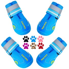 QUMY Botas de perro impermeables para perros con tiras reflectantes, suela antideslizante resistente, negro, 4 piezas (tamaño 5: 2.7 x 2.2 pulgadas (LW), azul)