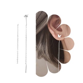 Aneneiceera Boho Butterfly Drop Dangle Earring Silver Long Tassel Butterfly Earrings Tiny Chain Earrings Vintage Earrings Jewellery for Women and Girls, Alloy Steel