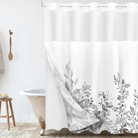 Tititex No Hooks Snap in Liner Grey Eucalyptus Leaves Shower Curtain Sets, Hotel Luxury Double Layers Waterproof Fabric & See-Through Top Window Bathroom Decorative 72x72 Inch