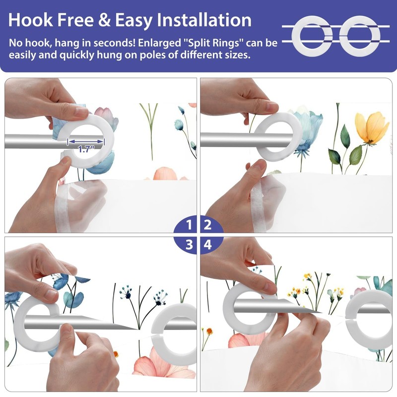 OSUNBD No Hook Shower Curtain 71 x 74 Inch, Watercolor