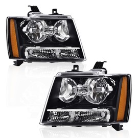 GRAND ORANGE Headlights Assembly Compatible with 2007-2014 Chevy Suburban Tahoe/Fit for 07-13 Chevy Avalanche Headlamps Driver & Passenger Side Clear lens Black Housing Amber Reflector GM2503263