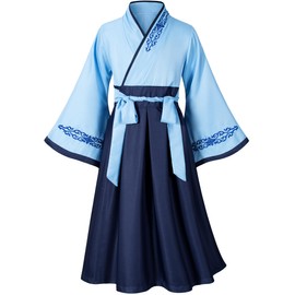 Asian Traditional Dress Kimono Robe for Kids Girls Costume Silk Folding Fans hairstick Cosplay（Blue Navy 110cm