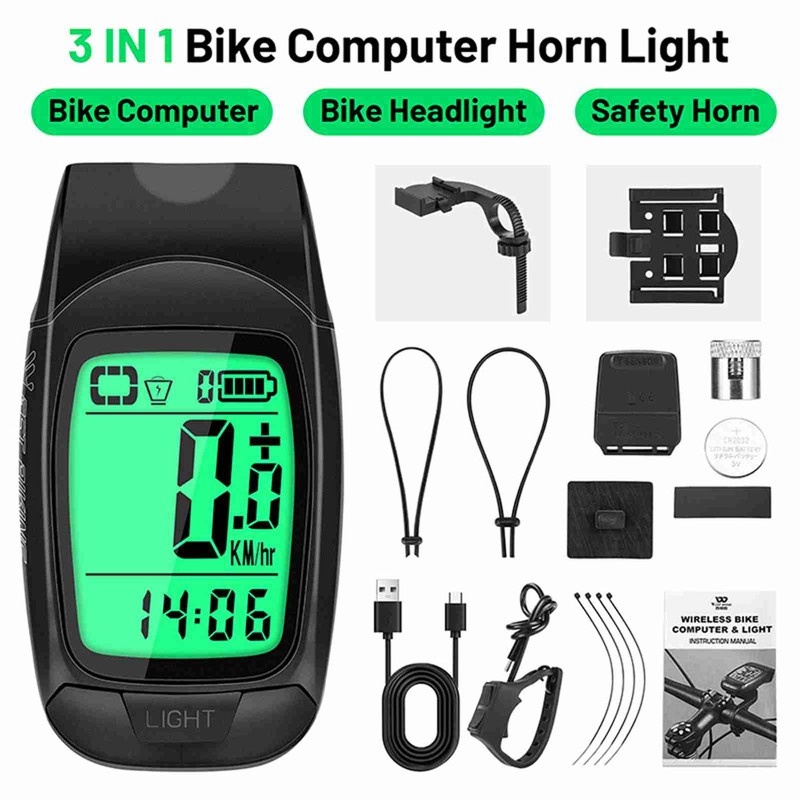 3 in 1 Bike Computer with Headlight Horn IP64 Multifunction