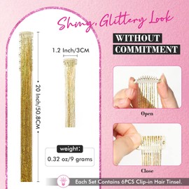 REECHO Hair Tinsel, 6PCS Clip in Hair Tinsel Kit 20" Glitter Fairy Tinsel Hair Extensions for Women - Golden