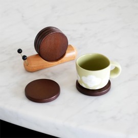 SEICASAYA Cute Snail Wooden Coaster Set, 5-Piece Magnetic Drink Coasters with Holder, Black Walnut & Beech Wood for Home Decor (4 Coasters/1 Holder)