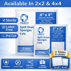 Vakly Split Drain Sponge Gauze 4x4 Sterile 6-Ply – 50 Count (25 Packs of 2) Pre-Cut Slit Absorbent Non-Woven Pads for I.V. Lines, Tracheostomy & Wound Care