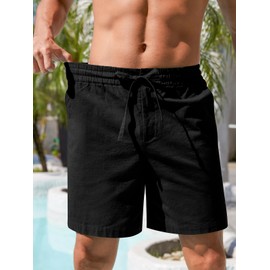 RQP Mens Shorts Linen Classic Fit Shorts Elastic Waist Beach Shorts,Black