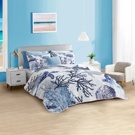 Coastal Bedding King Size Coastal Quilt with 2 Shams, Nautical Bedding Beach Comforter Sets Ocean Bedspreads Blue Seaturtle Coverlet Summer Bedding, 96''x106''