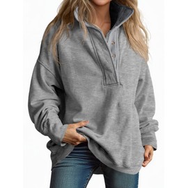 Fisoew Womens Oversized Sweatshirt Casual Snap Stand Collar Long Sleeve Pullover Tops Fall Travel Outfits Grey