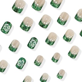 24Pcs St. Patrick's Day Press on Nails Short Square with Green Glitter French White Polka Dot Clover Four-Leaf Clover Design French Tip Fake Nail Shamrock Irish Full Cover Tips Stick on Nail for Women