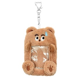 Plush Photocard Holder Keychain - Cartoon Animal Badge Holders, Clear Protective Sleeves for ID, Bus, Student, and Credit Cards, Portable and Decorative Bag Charm (Brown Bear)