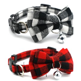 Breakaway - Collar de gato con campana y lazo, paquete de 2 collares de gatito a cuadros con campana, collares de cachorro con pajarita para perros pequeños y pequeños, color rojo y blanco