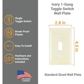 Diodesy- Toggle Light Switch Wall Plate Cover 1-Gang Standard Size 4.5" x 2.8" Unbreakable Plastic Ivory Smooth Finish Electrical Outlet Faceplate with Metal Screws Included UL Listed Pack of 12