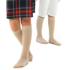 Hugh Ugoli Knee High Cotton Socks for Kids Girls Boys & Toddlers, Long School Uniform Socks, Soft & Comfortable,Light Beige, 12-14 Years Old, 4 Pairs